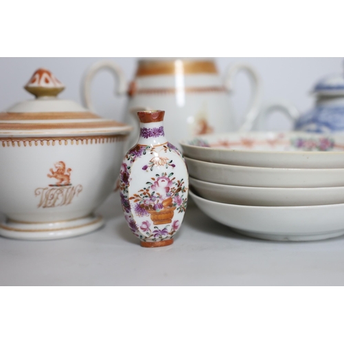 366 - A group of Chinese Qianlong - Jiaqing porcelain tea wares, a rare snuff bottle and a French armorial... 