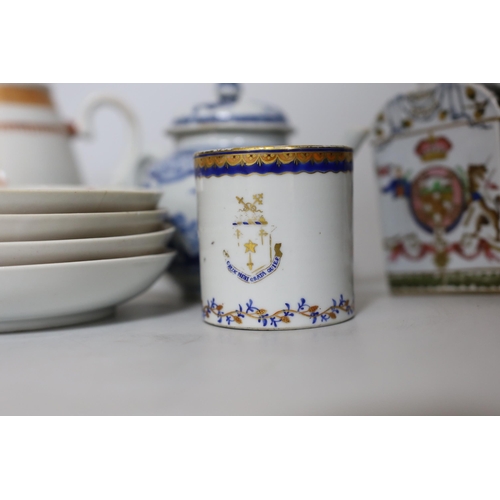 366 - A group of Chinese Qianlong - Jiaqing porcelain tea wares, a rare snuff bottle and a French armorial... 