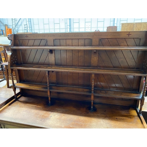 38 - A Victorian aesthetic movement mahogany sideboard, with Latin motto to the freize, width 168cm, dept... 