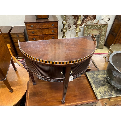 74 - A George III mahogany D shaped tambour side cabinet, width 76cm, depth 38cm, height 75cm