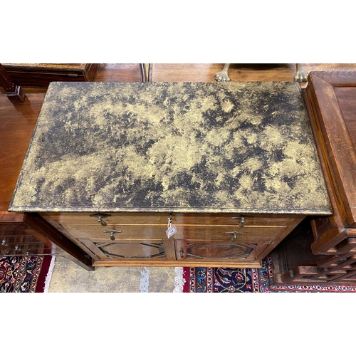 77 - A 1920's oak side cabinet with painted faux marble top, width 83cm, depth 46cm, height 86cm