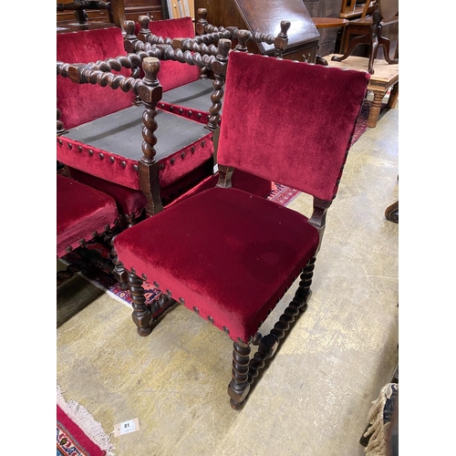 82 - A set of six Cromwellian style oak barley twist chairs, width 42cm, depth 47cm, height 90cm