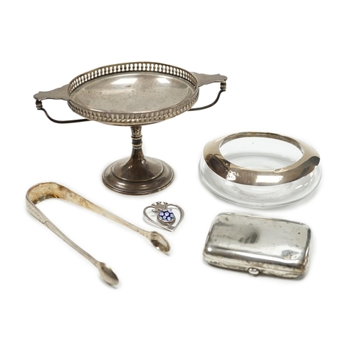 821 - A George V silver tazza, a silver cigarette case, a pair of George III silver sugar tongs, a silver ... 