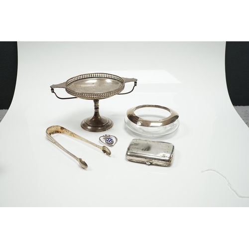 821 - A George V silver tazza, a silver cigarette case, a pair of George III silver sugar tongs, a silver ... 