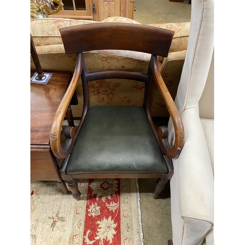 89 - An early Victorian provincial mahogany elbow chair, and Edwardian drop flap table and a Provincial P... 