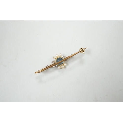 1993 - An Edwardian yellow metal, aquamarine, diamond and seed pearl set bar brooch, 40mm, gross weight 3 g... 