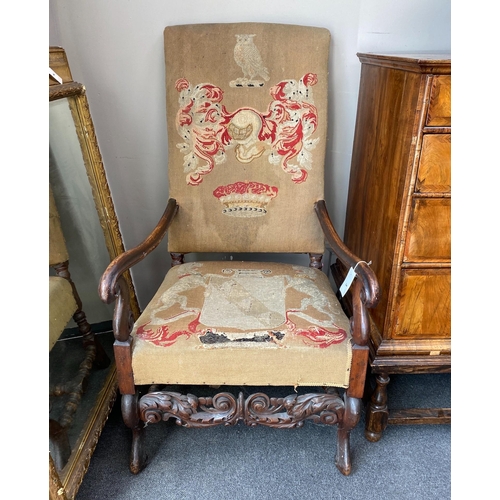 1003 - A pair of Carolean style walnut armchairs, width 61cm, depth 83cm, height 116cm