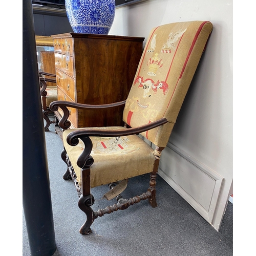 1003 - A pair of Carolean style walnut armchairs, width 61cm, depth 83cm, height 116cm