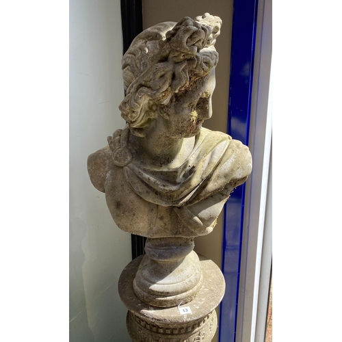 1013 - A reconstituted stone Roman style bust on circular fluted pillar, height 164cm