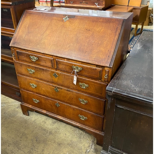 1088 - An 18th century feather banded walnut bureau, width 92cm, depth 51cm, height 108cm