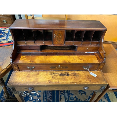 1134 - A George III and later inlaid mahogany writing desk, adapted, width 100cm, depth 62cm, height 115cm... 