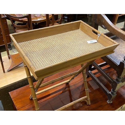 1148 - A faux bamboo caned butler's tray on folding stand, width 60cm, depth 43cm, height 68cm