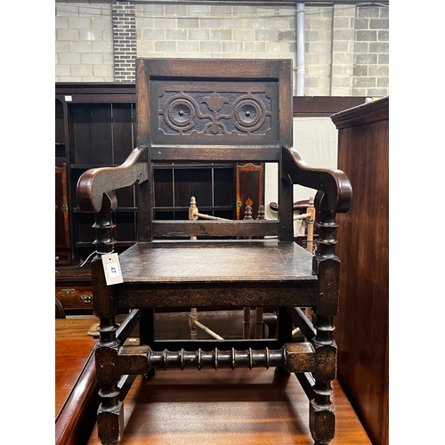 1149 - A Victorian Jacobean Revival oak Wainscot chair, width 55cm, depth 43cm, height 102cm