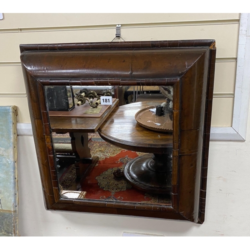 1181 - A William and Mary walnut veneered cushion framed wall mirror, width 56cm, height 57cm