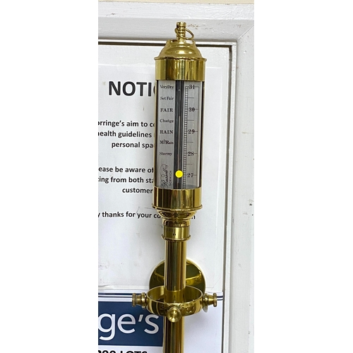 1191 - A reproduction brass ship's barometer and thermometer with gimbal mount, height 92cm