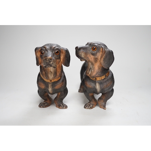 1257 - A pair of Austrian cold painted terracotta models of Dachshunds, one paw damaged, inset glass eyes 2... 