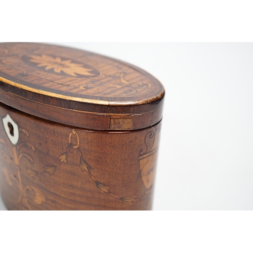 1259 - A George III oval harewood and marquetry tea caddy, c.1790, 12cms high x 15cms wide Ivory submission... 