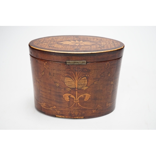 1259 - A George III oval harewood and marquetry tea caddy, c.1790, 12cms high x 15cms wide Ivory submission... 