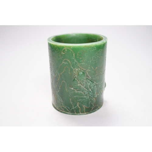 1266 - A Chinese incised green glass cylindrical brushpot, 11cm