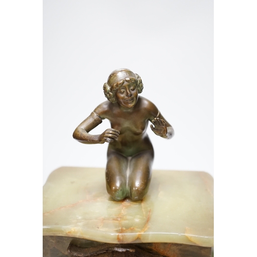 1273 - A French figural bronze mounted green onyx clock, 30cm