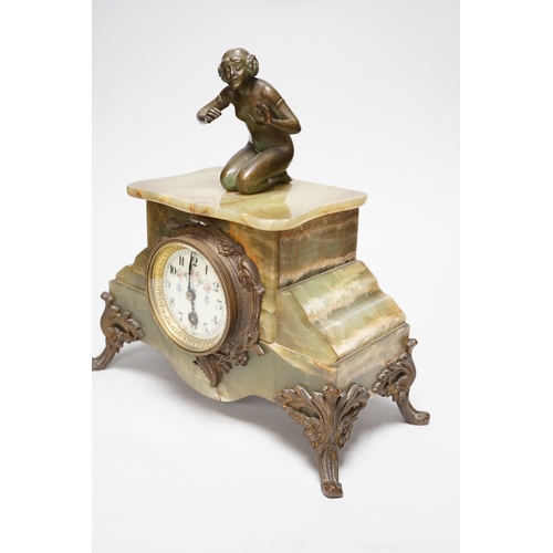 1273 - A French figural bronze mounted green onyx clock, 30cm