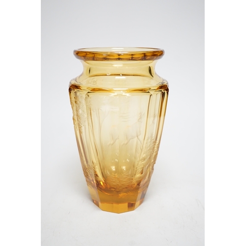 1275 - A Moser wheel engraved amber glass vase, 22cm