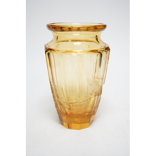 1275 - A Moser wheel engraved amber glass vase, 22cm