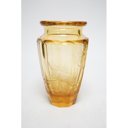 1275 - A Moser wheel engraved amber glass vase, 22cm