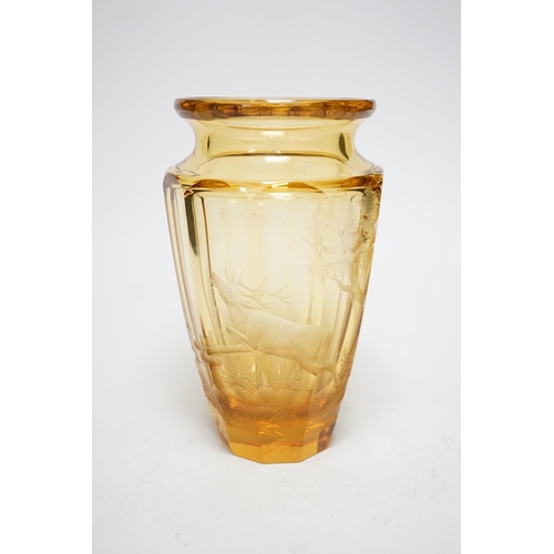 1275 - A Moser wheel engraved amber glass vase, 22cm