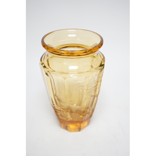 1275 - A Moser wheel engraved amber glass vase, 22cm