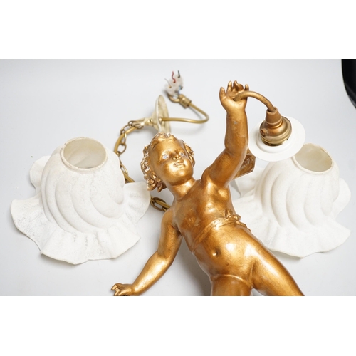 1277 - A gilt spelter cherub ceiling light, 30cm