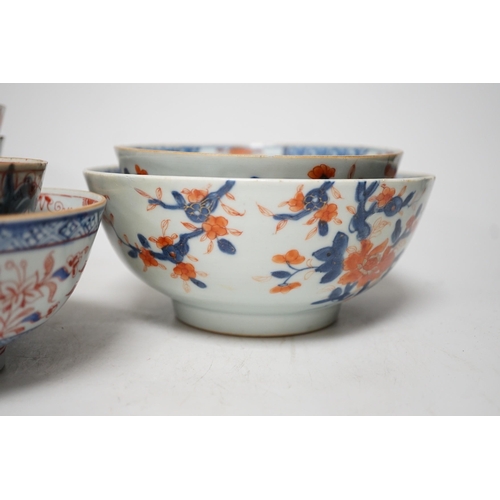 1280 - Six 18th century Chinese porcelain bowls (a.f.) and a Chinese imari plate, largest bowl 20cm diamete... 