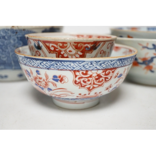 1280 - Six 18th century Chinese porcelain bowls (a.f.) and a Chinese imari plate, largest bowl 20cm diamete... 