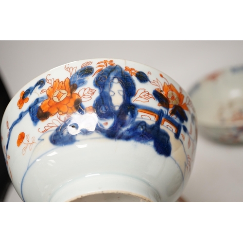 1280 - Six 18th century Chinese porcelain bowls (a.f.) and a Chinese imari plate, largest bowl 20cm diamete... 