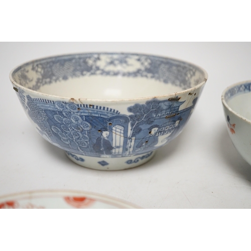 1280 - Six 18th century Chinese porcelain bowls (a.f.) and a Chinese imari plate, largest bowl 20cm diamete... 