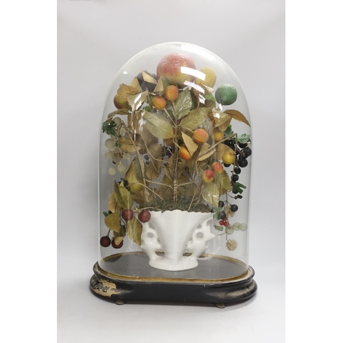 1308 - A Victorian painted mache fruit arrangement under a glass dome, 52cms high