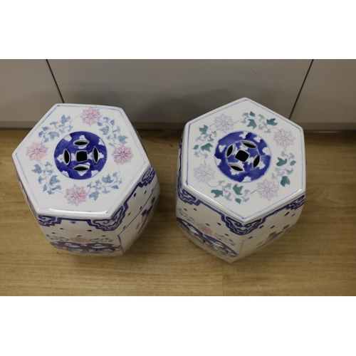 1315 - A pair of Chinese porcelain decorative garden seats, 37cms high