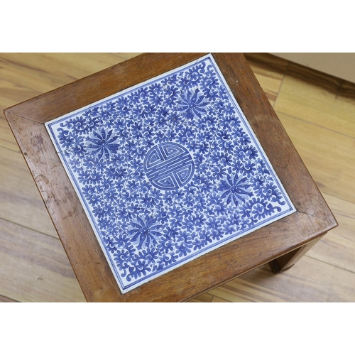 1331 - A Chinese hardwood and blue and white porcelain inset table, 42cm square