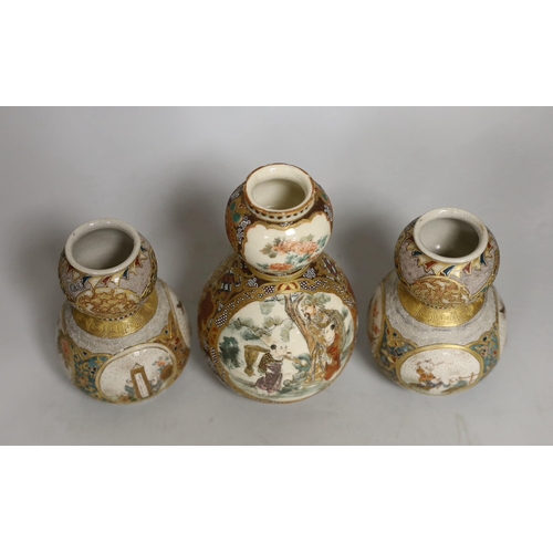 1340 - A pair of Japanese Satsuma pottery double gourd shaped vases another similar single vase,. Tallest 1... 