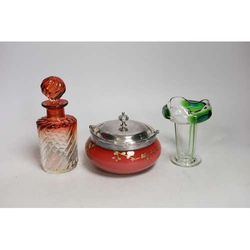 1343 - An Art Nouveau Stuart glass vase and gilded and coloured glass powder bowl, and a ruby tinted glass ... 