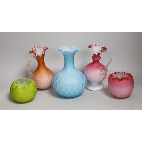 1349 - Five satin glass vases and ewers. Tallest 19cm