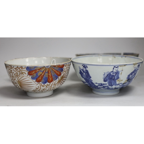 1356 - Four 18th century Chinese bowls, one painted in underglaze blue with the eight immortals, with six c... 