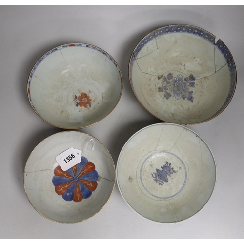 1356 - Four 18th century Chinese bowls, one painted in underglaze blue with the eight immortals, with six c... 