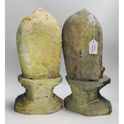 1364 - A pair of Chinese sancai glazed Buddha figures on shrines. 43cm tall