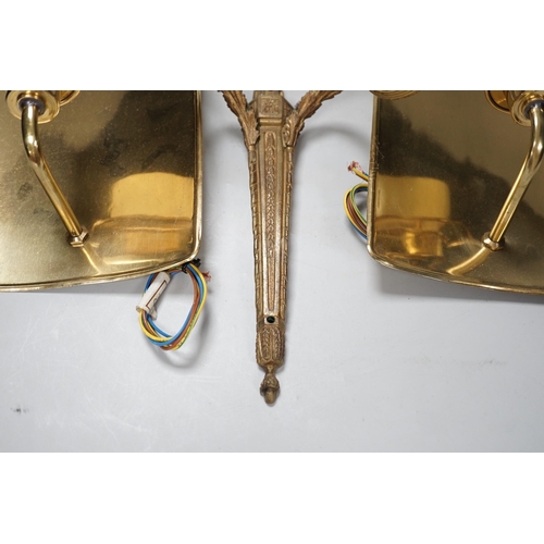 1381 - An 18th century style ribbon design brass two branch wall sconces and a pair of Dutch style brass wa... 