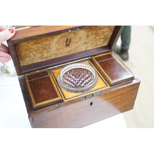 1383 - A late George III satinwood inlaid tea caddy and a later similar  mahogany tea caddy, largest 30cms ... 