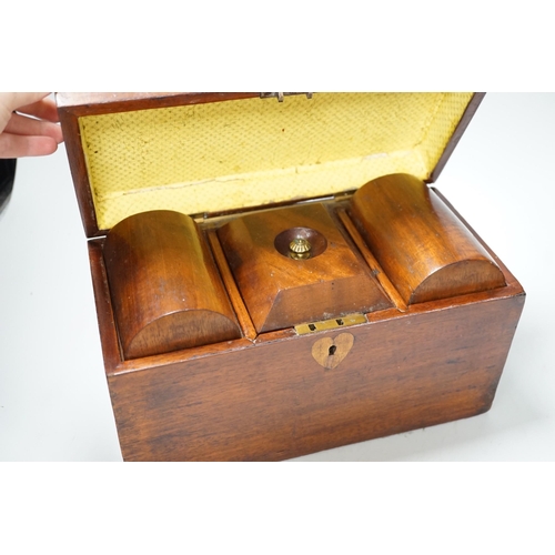 1383 - A late George III satinwood inlaid tea caddy and a later similar  mahogany tea caddy, largest 30cms ... 