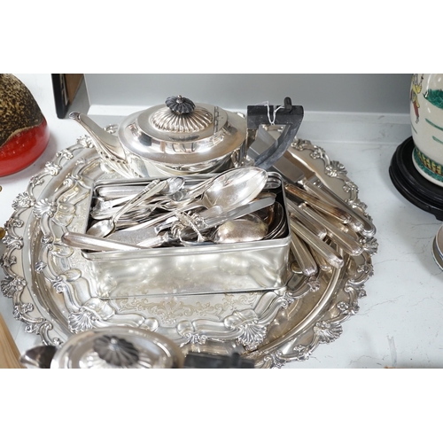 1388 - Hukin and Heath silver plated tray, another similar tray, cutlery, tea pot and coffee pot etc