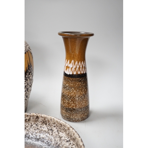 1391 - Three West German pottery vases, 2 lava glaze and a geometric vase, Bowl with volcanic lava glaze 26... 