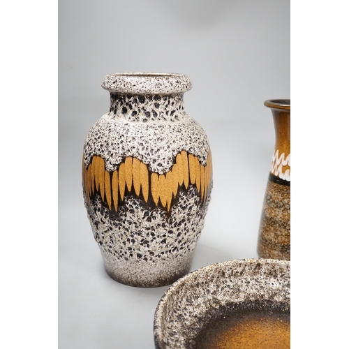 1391 - Three West German pottery vases, 2 lava glaze and a geometric vase, Bowl with volcanic lava glaze 26... 